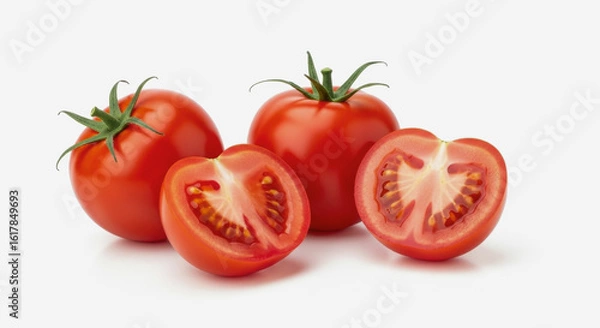 Obraz Several red tomatoes whole and cut on a white surface.