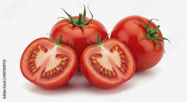 Obraz Three whole tomatoes and one tomato cut in half on a white background.