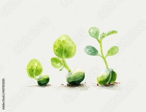 Fototapeta Watercolor illustration of three sprouting seeds