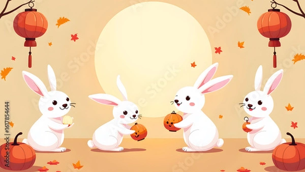 Obraz Mid Autumn Festival-Rabbits With Pumpkins
