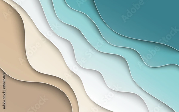 Fototapeta Streszczenie błękitne morze i plaża lato tło falami papieru krzywej i wybrzeża na projekt banera, ulotki, zaproszenia, plakatu lub strony internetowej. Papier wyciąć styl sztuki, miejsce na tekst, ilustracji wektorowych