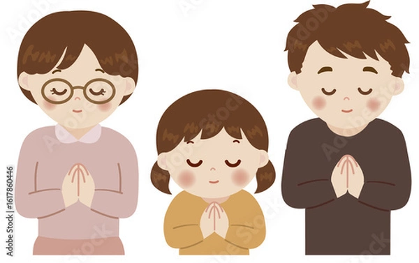 Fototapeta 合掌する３人家族のかわいいイラスト