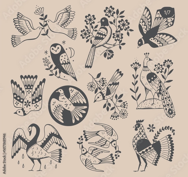 Fototapeta Folk art ornament pattern bird flying high, holding flower in beak isolated vector illustration set