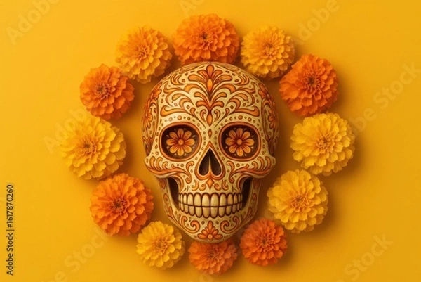 Fototapeta Dia de los Muertos Skull Surrounded by Flowers: A decorative skull is the centerpiece, enveloped by a ring of vibrant orange blossoms.