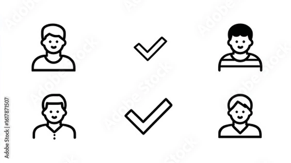 Obraz Two simple vector icons depicting a user with a checkmark, against a white background, with black line art, Generative AI.