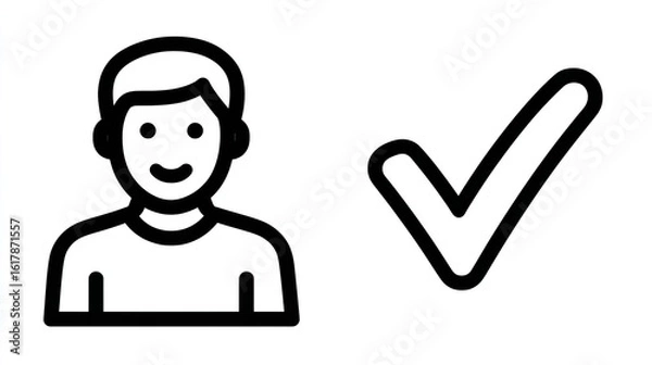 Fototapeta Two simple vector icons depicting a user with a checkmark, against a white background, with black line art, Generative AI.