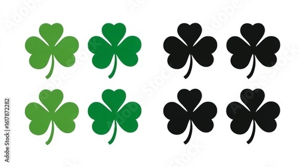 Obraz Vector Set of Four-Leaf Clover Icons in Green and Black for St. Patrick’s Day, Flat Design, Generative AI.