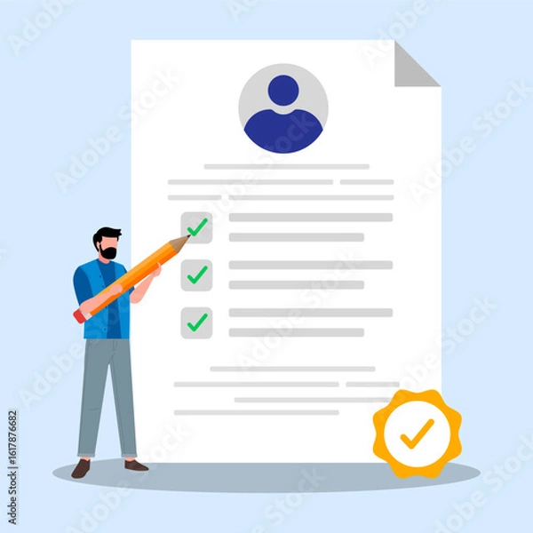 Fototapeta Human resource staff using pencil to marking checklist on CV candidate's. Concept checking candidate questionnaire new hire onboarding checklist vacancy job business interview and HR recruitment. 