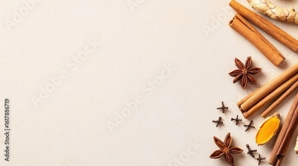 Fototapeta Spices color palette of turmeric, cinnamon, and clove on a beige table, copy space at the bottom, advertising background