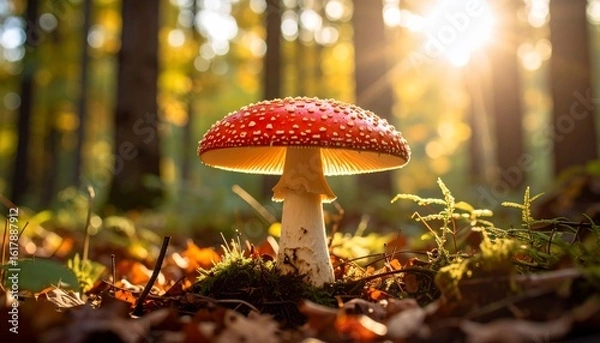 Fototapeta Enchanted Forest: A Majestic Red Mushroom Basking in Sunlight