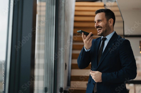 Fototapeta Portrait of handsome well dressed businessman using phone