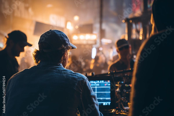 Fototapeta Film director working on set during shoot with crew