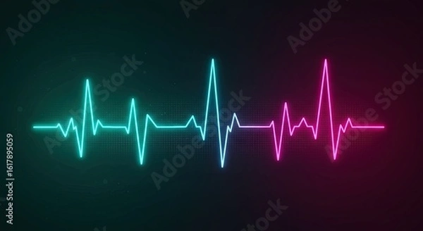 Fototapeta Neon electrocardiogram waveform with digital pattern background in blue and pink hues