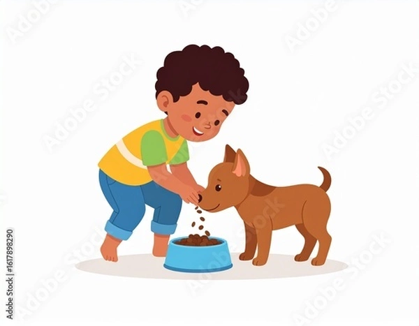 Fototapeta A young boy lovingly feeds his small brown puppy from a blue bowl.