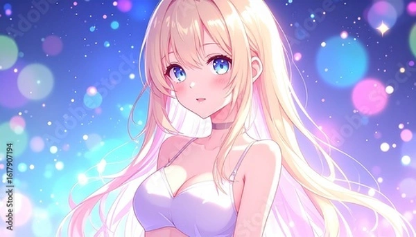 Fototapeta Anime-style art of a blonde girl with blue eyes, colorful bokeh background.