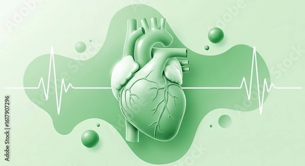 Obraz A 3D rendered human heart with a heartbeat EKG line and green spheres