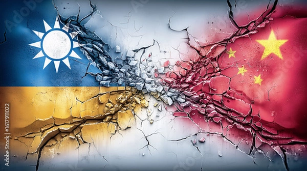 Obraz Geopolitical crisis concept showing a shattered wall with the flags of Taiwan and Ukraine versus the flag of China, symbolizing global conflict and alliances.