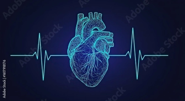 Obraz Wireframe heart with a neon blue electrocardiogram line