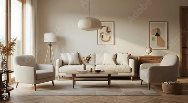 Fototapeta Modern Living Room Interior Design with Brown Leather Chair, Beige Sofa and Wooden Wall Panels	