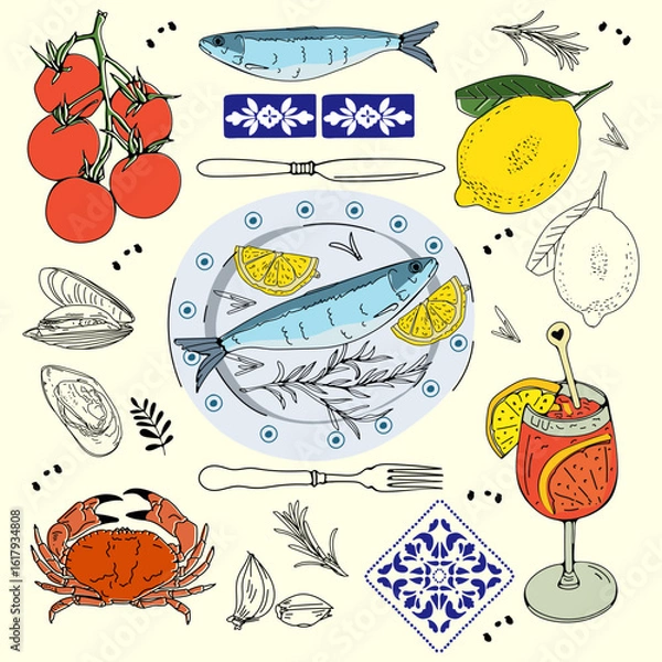 Fototapeta Colorful summer table collection with sardines, tomatoes, Aperol, mussels