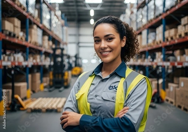 Fototapeta Young Mixed Race Female Worker Posing in a Warehouse Environment