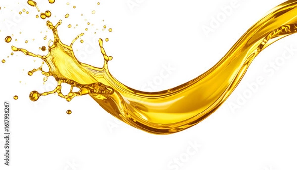 Fototapeta Pouring golden motor oil stream with splash effect, isolated on both white and transparent background. High-resolution PNG format.