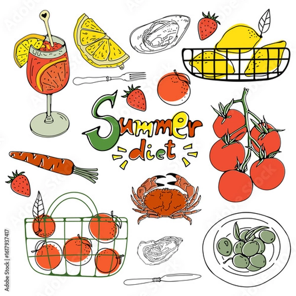 Fototapeta Summer diet. Illustration of colorful summer food elements in vector