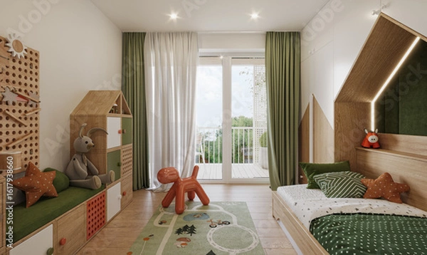 Fototapeta Interior of a modern small Scandinavian double children´s room showcase. Comfortable hygge child room for two kids with green decoration.
