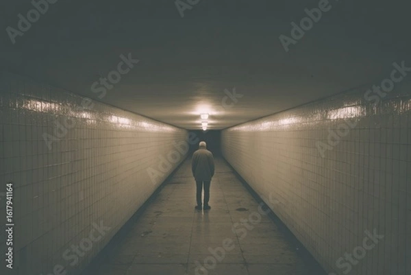 Fototapeta Old Man Facing Wall at End of Deserted Tunnel