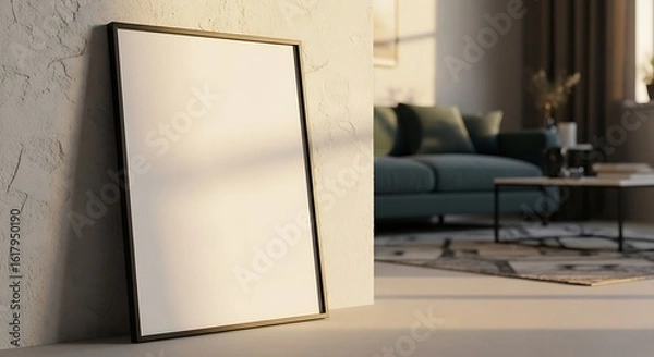 Fototapeta Framed Poster Leaning Against Wall in Living Room with Sofa