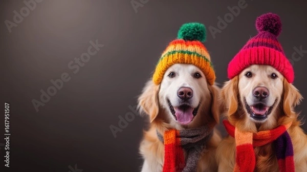 Fototapeta Happy dogs wearing colorful hats and scarves in a studio setting during winter