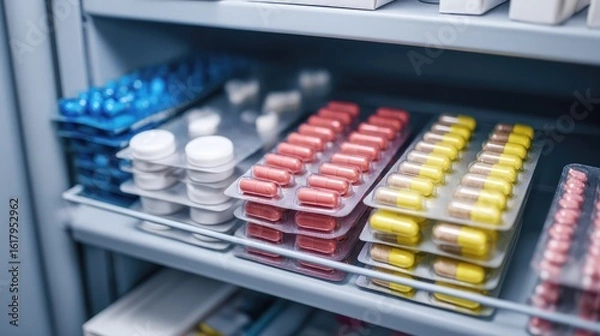 Fototapeta Neatly arranged medicine box and capsules on a pharmacy shelf, emphasizing cleanliness.
