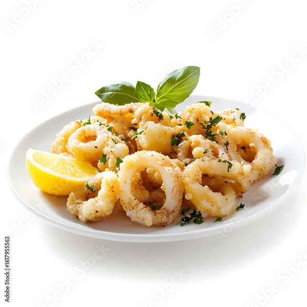 Fototapeta Fried calamari served on a white plate with lemon wedge and garnished with parsley