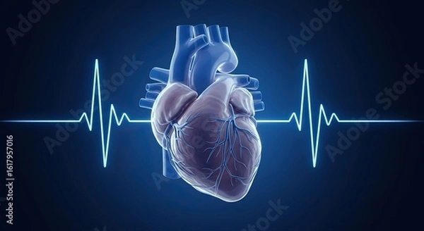 Fototapeta Anatomical heart with a pulsating electrocardiogram line