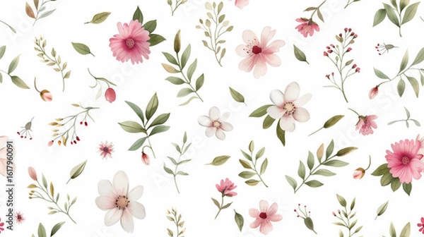 Fototapeta Elegant floral pattern with various blossoms and leaves