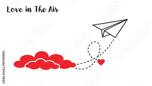 Fototapeta Paper airplane flying from red clouds with a dotted line path ending in a heart shape design element
