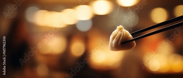 Fototapeta Xiao Long Bao Held by Chopsticks with Blurred Background