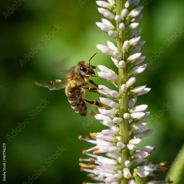 Fototapeta A close-up of a honeybee collecting nectar from a flowering plant, with a soft green background.