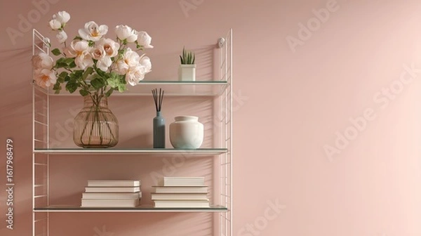 Fototapeta A modern white shelving unit adorned with a vase of flowers and decorative items against a soft pink wall.