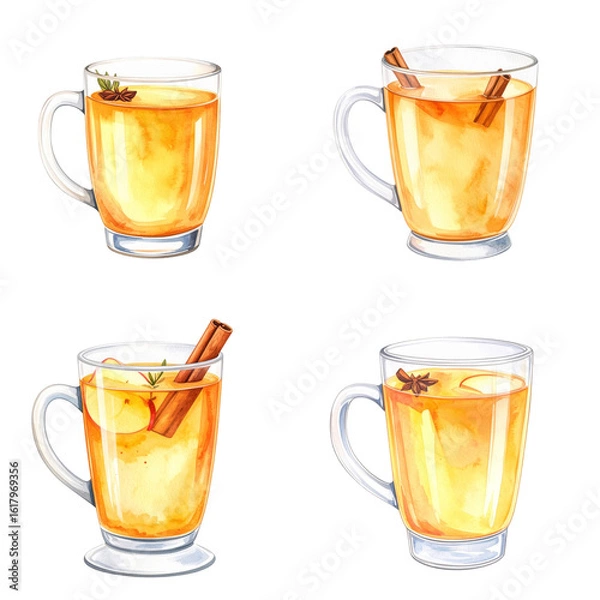 Obraz Set of four glass mugs containing hot apple cider with cinnamon sticks, anise stars, and apple slices, perfect for winter on transparent background