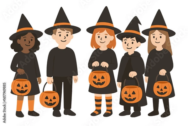 Obraz Vector illustration of children in costumes holding jack o' lantern buckets