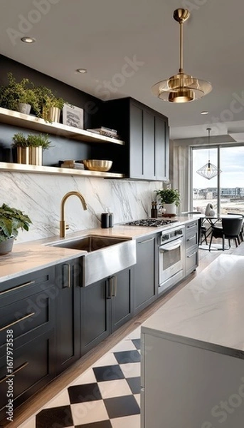 Obraz Modern Elegant Kitchen Design Featuring Dark Wood Cabinets, Marble Backsplash, and Unique Accents