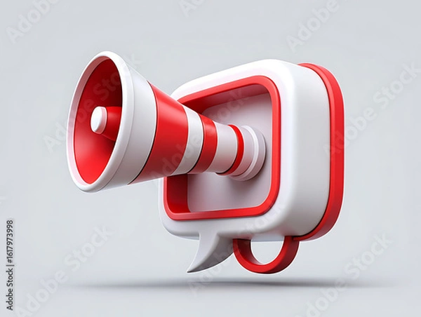Fototapeta 3d illustration of a red and white megaphone inside a speech bubble icon symbolizing announcement or promotion