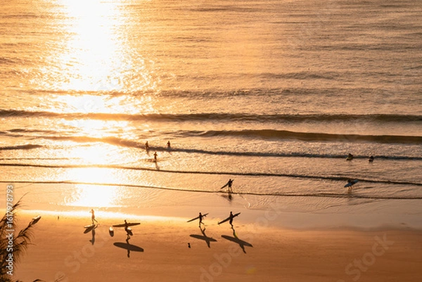 Fototapeta Silhouettes and shadows of early morning surfers at first light at Yamba Main Beach