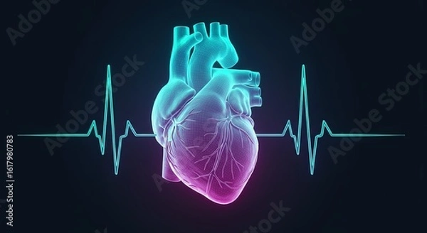 Fototapeta Wireframe heart with electrocardiogram line