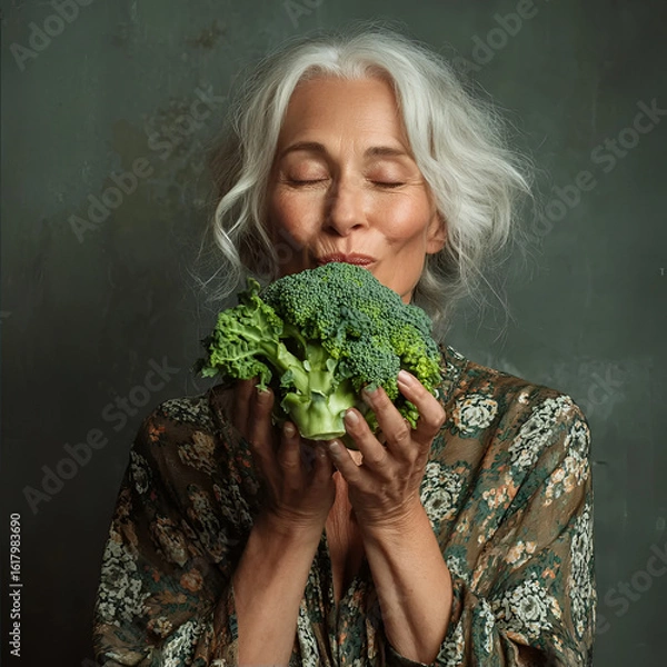Fototapeta Professional photos of a mature nutritionist
who eats vegetables with appetite, emphasizing healthy eating.Art casual photo shoot.