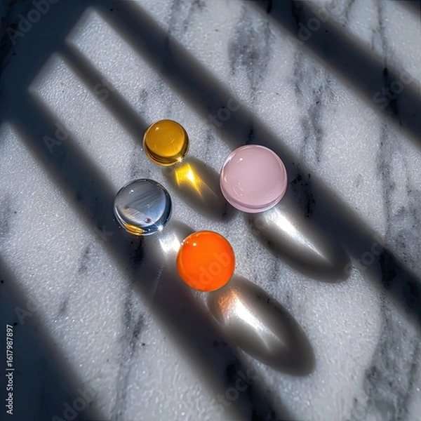 Fototapeta Colorful Gel Spheres with Soft Lighting on Marble Surface