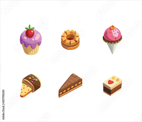 Fototapeta Isometric Sweets Collection Featuring Cupcake Donut Ice Cream and Cake Slice Isolated on White Background Delicious Treats