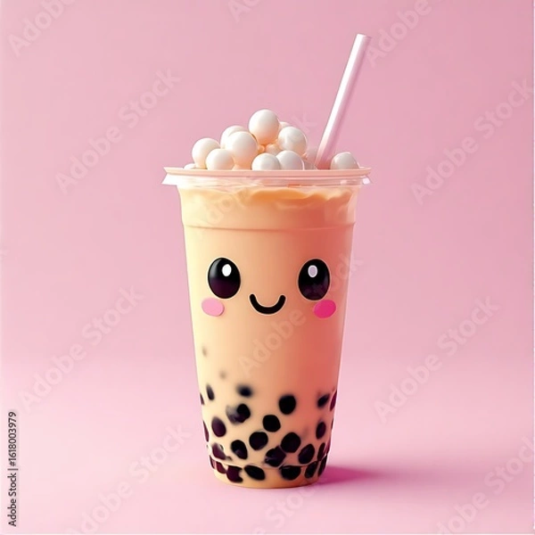 Obraz Cute cartoon boba tea with tapioca pearls and milk foam
