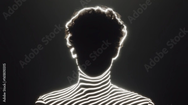 Obraz Commerce Without Touch, Silhouette of person with curly hair outlined by glowing white stripes creating touch of light without commerce